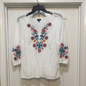 Talbots - white gauze peasant top with floral embroidery - size Sp